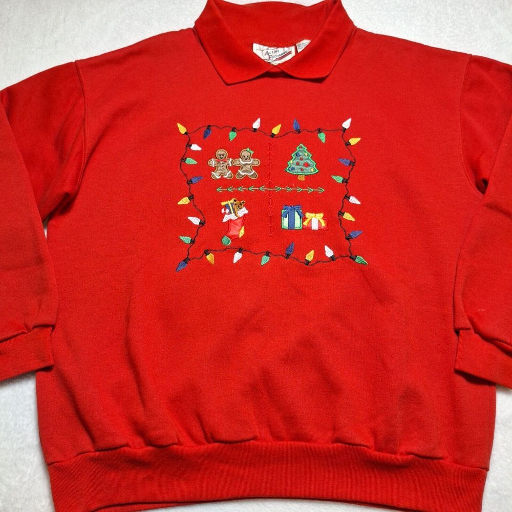 Vintage ACTIVE EXCHANGE Ugly Christmas Sweatshirt Sz M Red Gingerbread Stocking